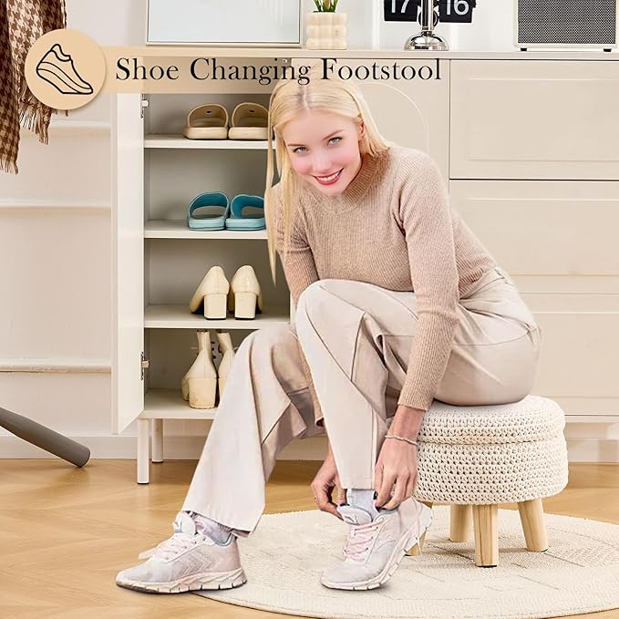 Round Storage Ottoman Foot Rest Cotton Braided Foot Stool Pouf Ottoman with Solid Wood Legs Footstool with Storage Shoe Changing Stool for Living Room White