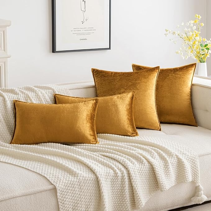 MIULEE Dark Gold Velvet Throw Pillow Covers 18x18 Soft Decorative Solid Square Cushion Cases Pack of 2 Modern Luxury Home Decor for Couch, Sofa, Bedroom