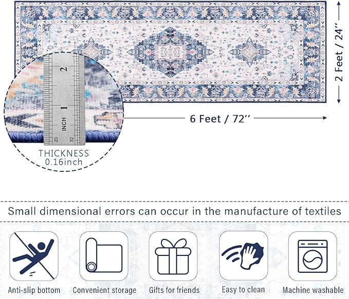 Amearea Vintage Design Runner Rugs for Living Room, 2x6 Machine Washable Floral Collection Traditional Bedroom Rug, Low Pile Cute Kids Room Print Carpet, No Slip Office Kitchen Home Decor, Blue