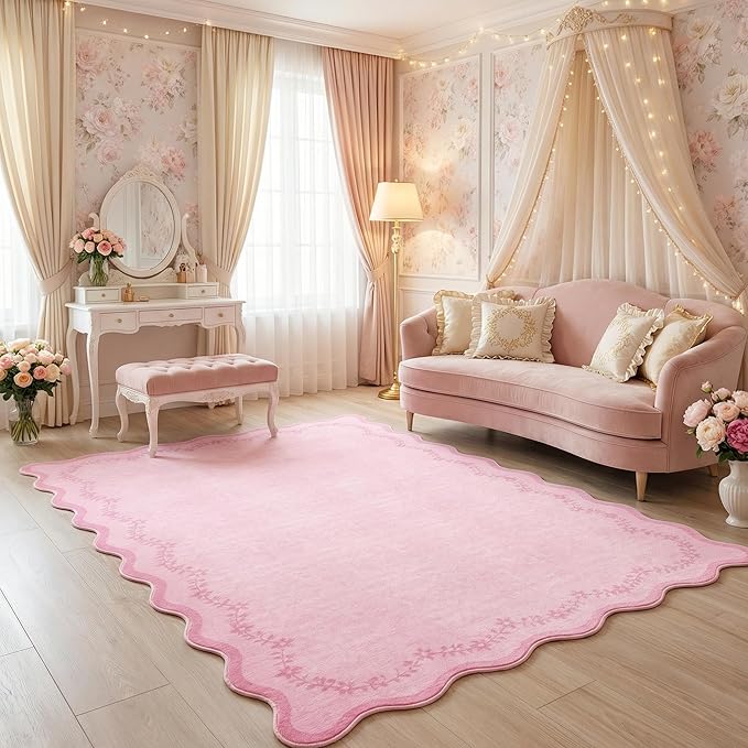GarveeHome 5x7 Valentines Scalloped Area Rug Pink Washable Rugs for Living Room Bedroom, Soft Low Pile Non Slip Accent Floor Mat Solid Floral Print Throw Rug Farmhouse Indoor Carpet for Dorm Playroom