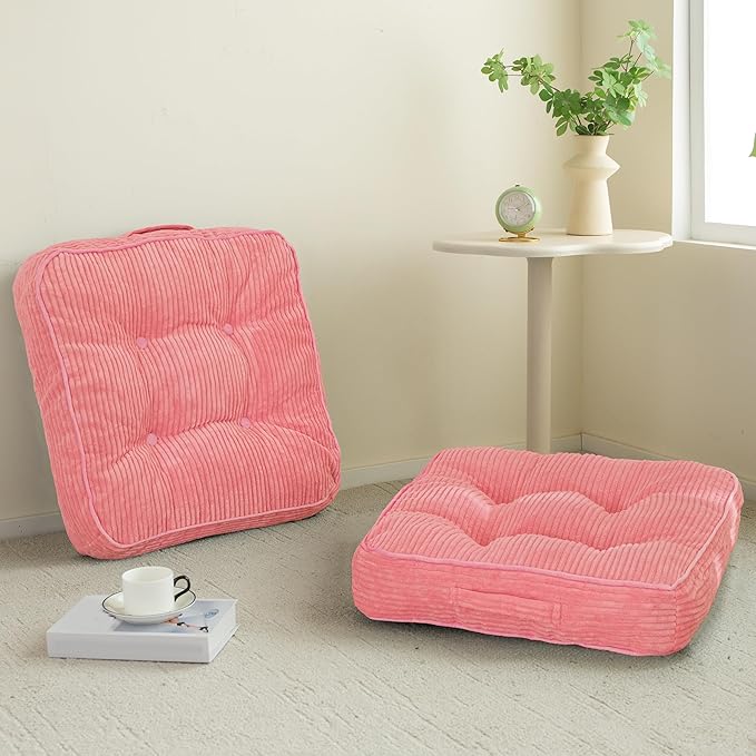 HIGOGOGO Floor Pillow Cushion for Adults, Meditation Cushion Pillow, Large Square Floor Sitting, Tufted Corduroy Cover, for Tatami Living Room or Yoga, 22x22 Inch, 2Pack, Pink