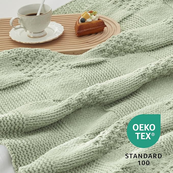 Amélie Home Checkered Chenille Knit Throw Blanket for Couch, Classic Texture Decorative Soft Blanket for Sofa, Chair & Bedroom, 50"x60", Sage Green