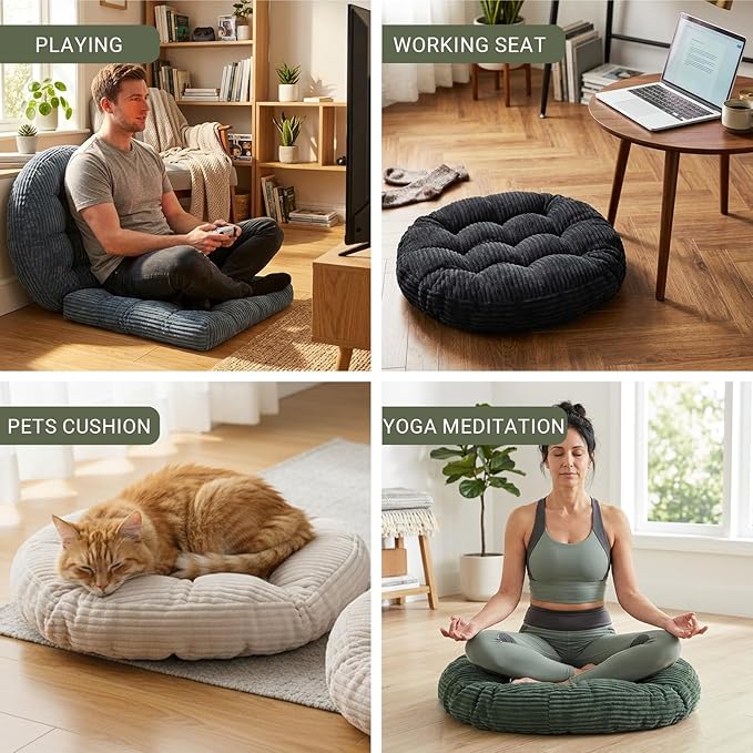 Large Floor Pillow for Adults, 22x22" Memory Foam Floor Cushion with Corduroy Cover, Round Floor Sitting Cushions for Meditation, Lounge,Seating for Yoga, Tatami Living Room (2, Round-Orange)