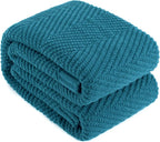 Knitted Throw Blanket 60"X80", Teal Knit Throws for Bed, Super Soft Boho Chevron Blankets for Couch Sofa Chair Room Decor, Textured Decorative Farmhouse Cozy Lightweight