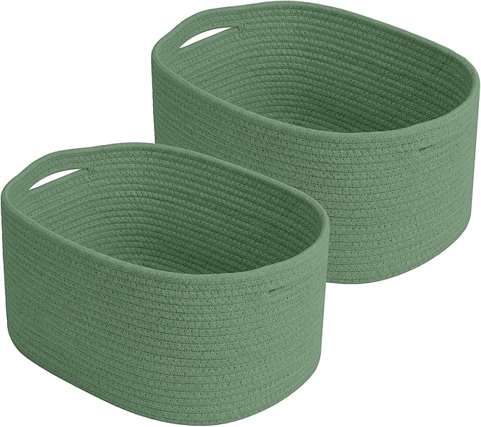 Cotton Rope Storage Basket, 15x10x9 Inches, Woven Basket for Shelves, Clothes, Towels, Books, and Laundry, Green (2 Pack)