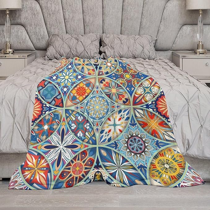 Boho Floral Throw Blanket Colorful Bohemian Mandala Blanket for Sofa Bed Couch Chair Or Dorm 60"x80"