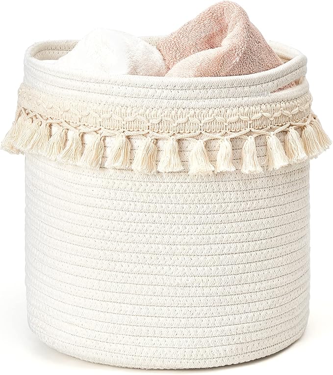 Mkono Macrame Decorative Cotton Rope Basket Boho Nursery Decor Cute Woven Tassel Closet Storage Bins Organizer for Baby Toys,Diaper, Blankets,Magazine,Potted Plants Cover,Living Room,Bedroom, 15"x14"