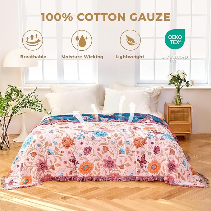 Boho Throw Blanket for Bed Cotton Spring Blankets Twin Size for Bedroom Living Room All Season Lightweight Floral Butterfly Embroidery Quilt for Couch Sofa Chair 60"x80" Home Decor