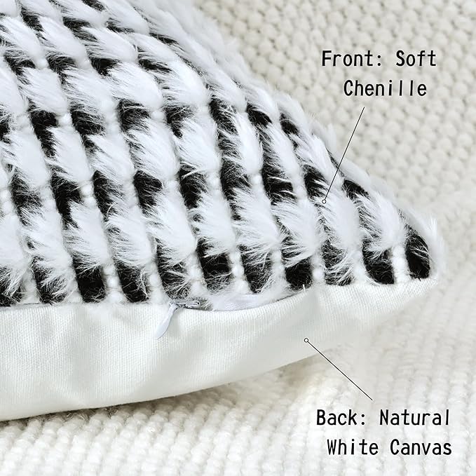 Boho Chenille Tufted Pillow Cover 20x20 Inch Set of 1, Farmhouse Striped Decorative Pillow Covers Accent Fluffy Neutral Square Pillowcases for Couch Sofa Bedroom Living Room, Black White