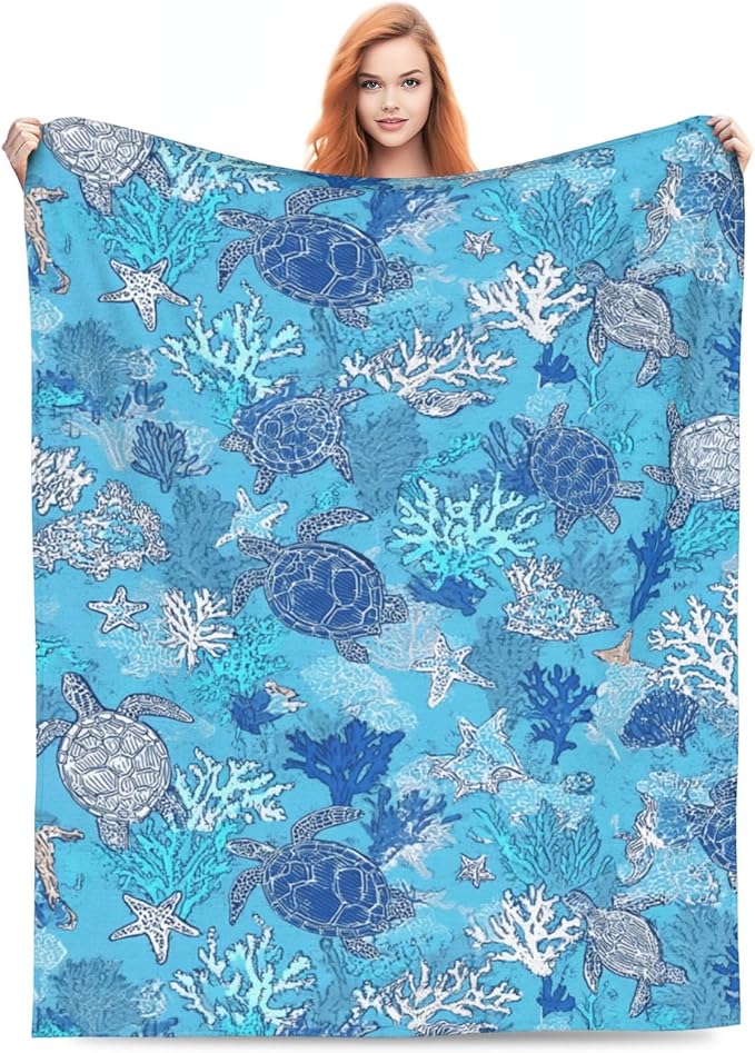 Turtle Throw Blanket Soft Flannel Blanket 60"x50" in Bed Blanket Home Decor for Room Sofa Couch All Season