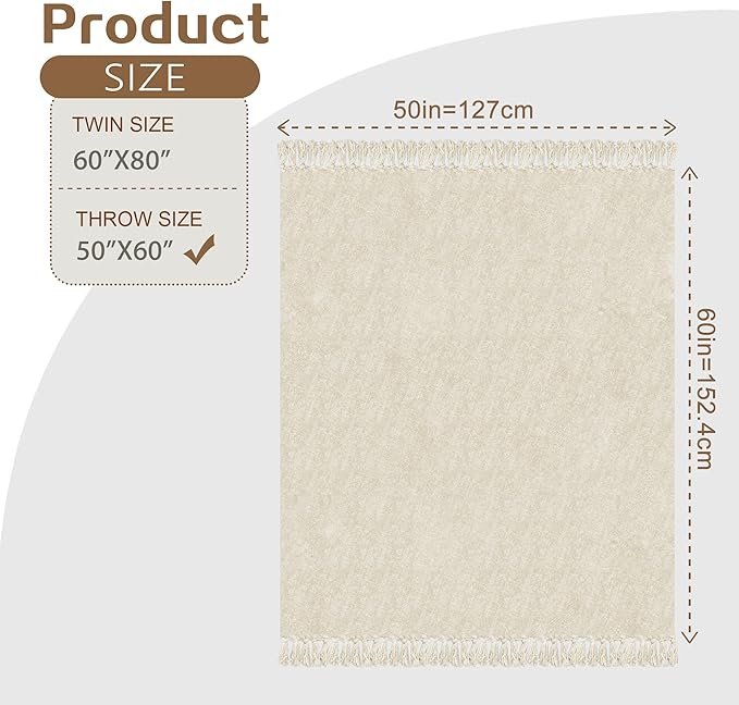 Chenille Throw Blanket for Couch with Tassels,50"X60" Soft Cozy Lightweight Knitted Boho Decorative Blankets for Bed and Sofa,Cream