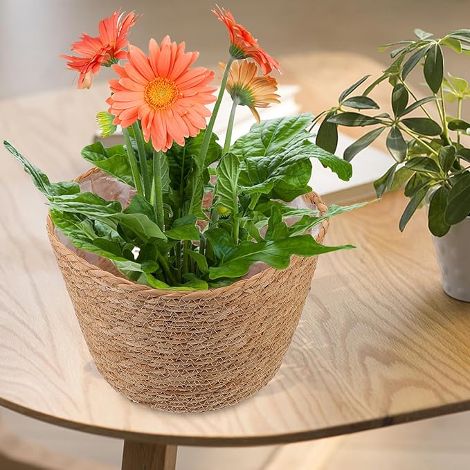 Veemoon 2pcs Wicker Planter Basket, Rustic Straw Woven Flower Basket Arrangement Flower for Plants Laundry Bin Storage Woven Plant Pot Hanging Seaweed Girl Toddler Hanging Seaweed 10. 41x10. 41x7.