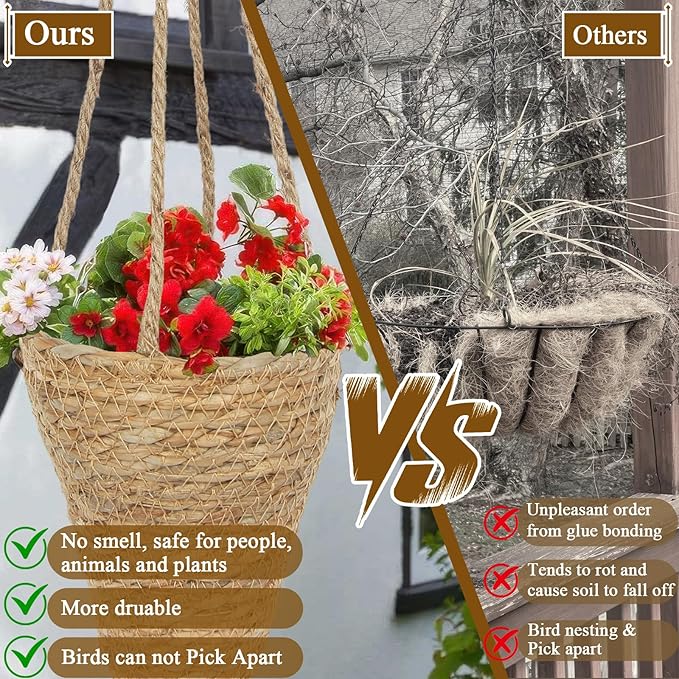 2 Pcs Hanging Basket for Wall Conical Hanging Wicker Basket with Hemp Rope Handmade Wall Planter for Garden Home Flowers Planters Boho Decor Front Door Porch Entryway (Flowers Not Included)