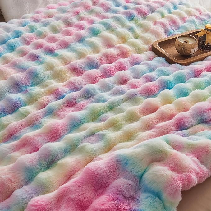 EMME Faux Fur Blanket Queen Size Rainbow - Big Bubble Rabbit Cozy Blanket for Couch, Thick Furry Plush Shaggy Blankets, 650GSM, 90x90 Inches