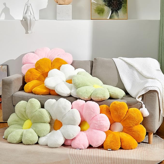 Large 21.6" Yellow Flower Pillow Floor & Office Chair Cushion – Faux Rabbit Fur Plush Decorative Pillow, Comfortable Gift for Girls Adults