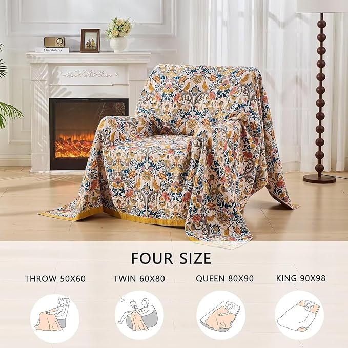 Boho Throw Blanket Farmhouse Decor Throw Blanket Bohemian Blanket for Bed 100% Cotton Muslin Woven Couch Blanket All Seasons Quilt Bedroom (White, 80"x90")
