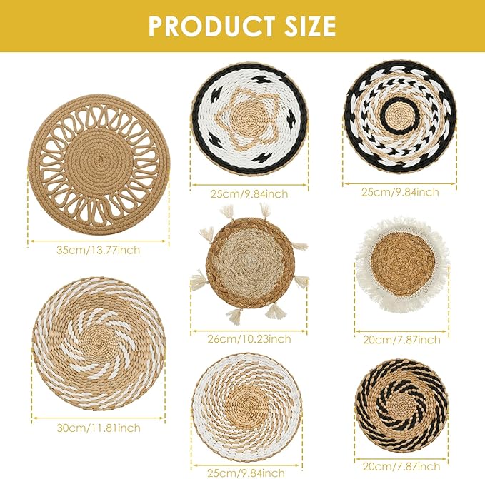 HJJWNDDNG 8 Pack Boho Wall Basket Decor Set, Hanging Woven Seagrass Rattan Wicker Boho Wall Decor, Round Farmhouse Wall Hanging Baskets Rustic Flat Wall Art for Living Room Bedroom Kitchen (Style 8)