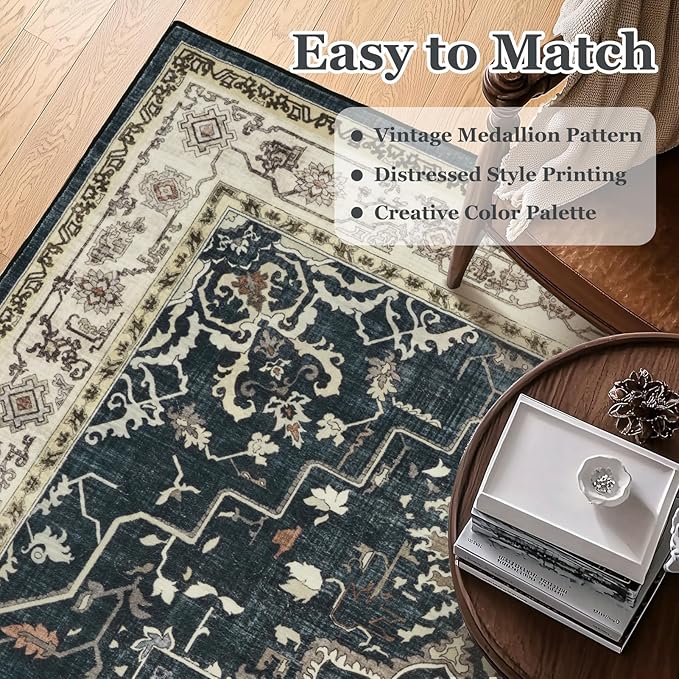 Distressed Vintage 5x7 Area Rugs for Living Room Bedroom Non Slip Washable, Medallion Pattern Printed Low Pile Farmhouse Carpet Rugs for Dining Room/Kitchen/Home Office, Midnight/Multi