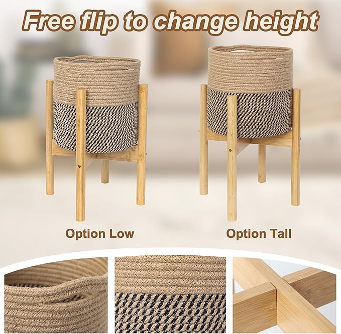 Plant Basket with Stand, Indoor Round Wicker Basket Plant with Bamboo Wood Stand, Decorative Woven Rope Flower Indoor Planter with Legs, Boho Bamboo Wood Planter Holder (Jute Black Stripes)