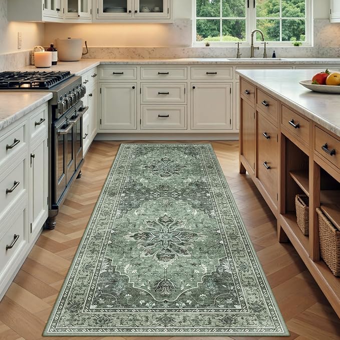 Area Rugs 3'x6' Runner Rug Non Slip Washable for Kitchen Hallway Bedroom Beside Laundry Room Bathroom Rug, Floor Carpet, Dark Green Gray
