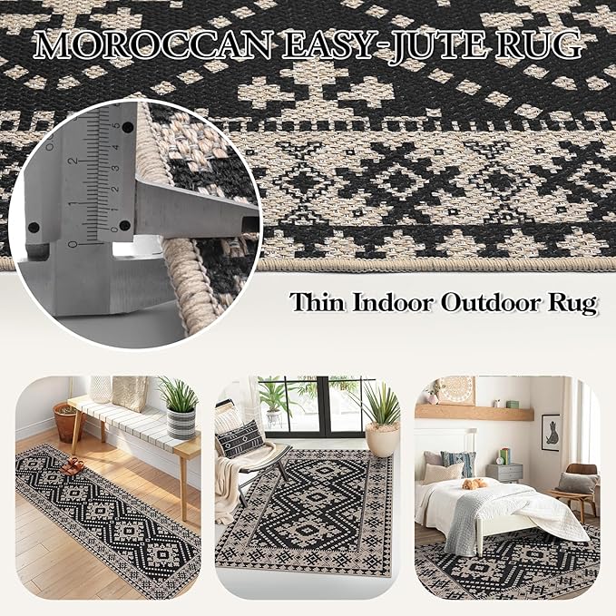 Lahome Bijou Moroccan Easy Jute Outdoor Runner Rug, 2x8 Washable Black Hallway Kitchen Runner Rug with Rubber Backing, Farmhouse Indoor Outdoor Carpet for Hallway 8ft Entryway Porch