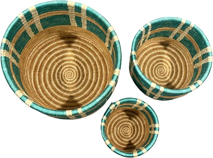 African Planter Baskets Sets of 3 Woven Sisal Baskets for Indoor Plant Pots Covers Home Decor Storage Organizer Gifts Zen Designs Arts and Crafts (Turquoise and Biege)