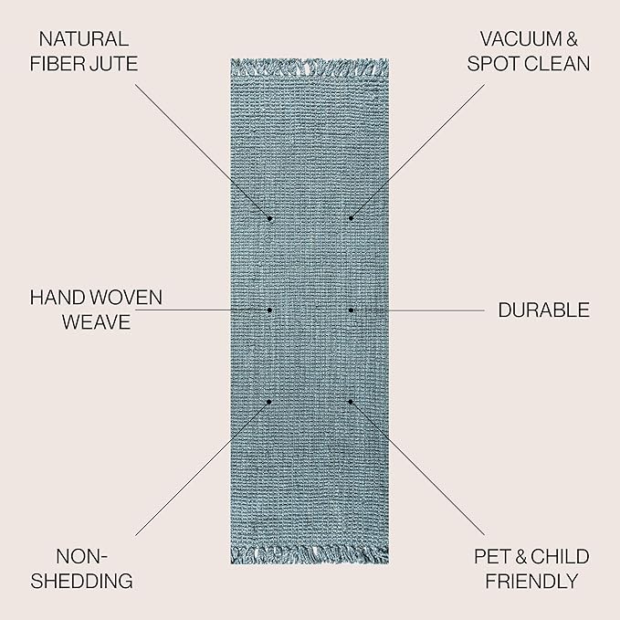 JONATHAN Y Handwoven Jute Fringe Light Blue/Gray Runner Rug, 2x10, Pata, Bohemian, Rustic, Cottage, Easy-Cleaning for Living Room, Bedroom, Kitchen, Non-Shedding (NRF103B-210)