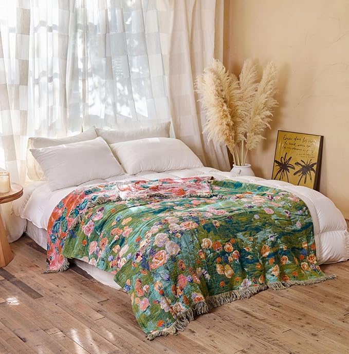 Boho Throw Blanket - 100% Cotton Throw Blankets for Bed Couch, 60"x80" Soft Muslin Lightweight Spring Throw Blanket, Cozy Floral Plant Printed Bohemain Bedding Decor Green Throw Quilt
