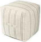 AELS Unstuffed Farmhouse Pouf Cover for Living Room, Boho Storage Bean Bag Cubes, Beige with Gray Stitch Yarn Dyed Stripe Square Ottoman Pouf Foot Rest Footstool, 18"x18"x18", Cover ONLY