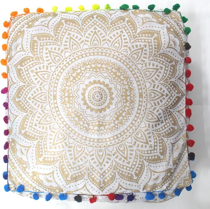 CRAFT KALA 18" Square Large Hippie Mandala Meditation Floor Ottoman Pillow Cushion Pouf Cover Square Poufs Bohemian Circle Floor Cushion Case Outdoor Fireplace Living Room Decor Cover Golden Ombre