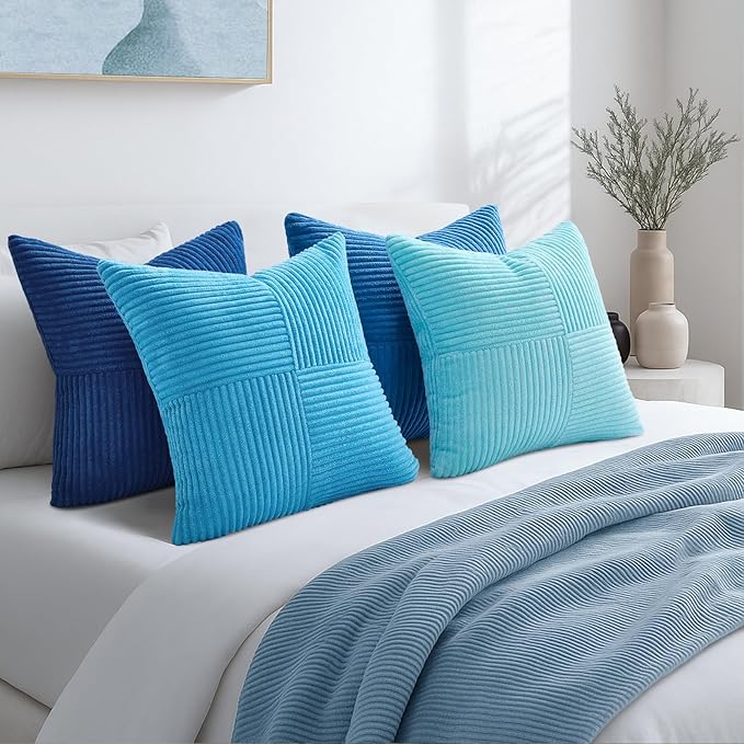 Topfinel Light Blue Decorative Throw Pillow Covers,20x20 Pillow Covers Set of 4 with Striped Corduroy,Boho Soft Accent Cushion Covers for Couch,Bed,Living Room Home Decor