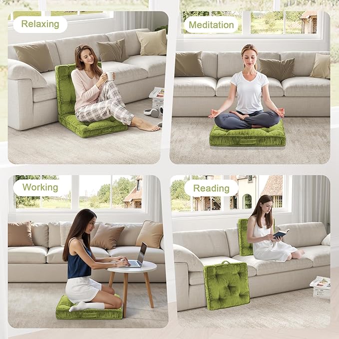 Square Floor Pillow for Adults, Tufted 24x24 Floor Cushion for Sitting, Large Meditation Cushion, Thick Corduroy Seat with Handle, Tatami Seating for Yoga, Light Green, 1Pack