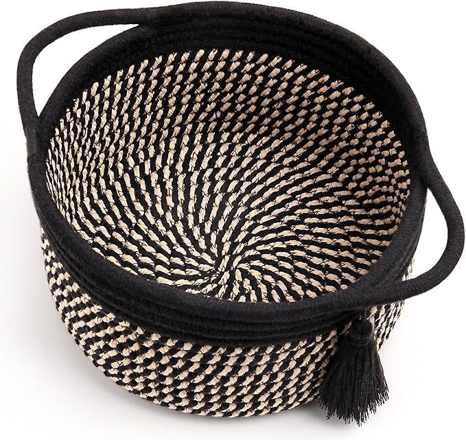 Small Empty Gift Basket to Fill with Handles, Little Cute Woven Baskets for Man, Boys Gifting – Mini Storage Bin for office Desk, Bathroom, Plant Decor with Gift Bag & Ribbon – Black Brown