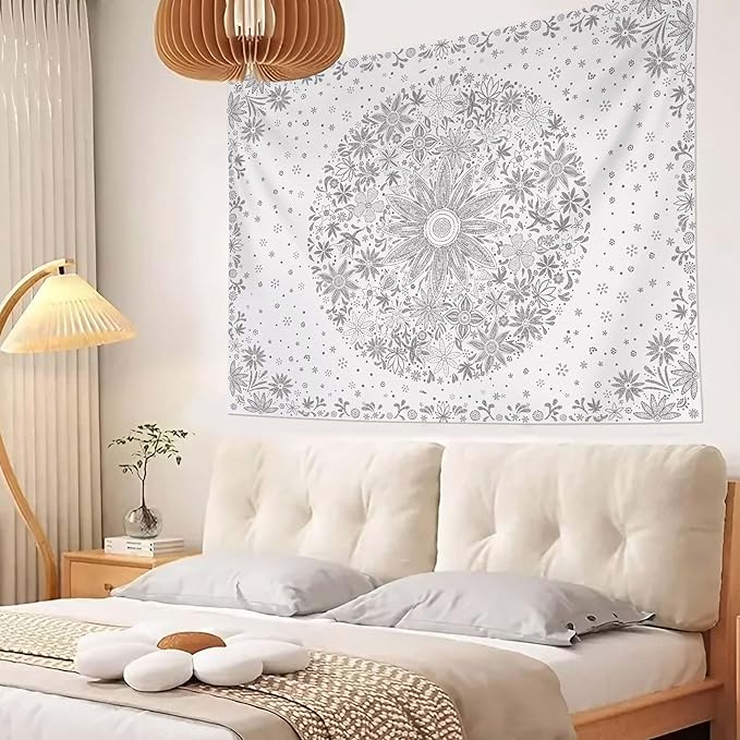 Neasow Bohemian Tapestry Wall Hanging, Gray Floral Tapestry with Dotted Daisy Medallion Print Bedroom Boho Hippie Home Decor, 60x80 inches