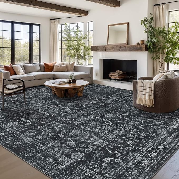 9x12 Area Rugs for Living Room Bedroom, Large Washable Rug, Black Vintage Floral Boho Rug, Non Slip & Low Pile Faux Wool Thin Carpet for Indoor Dining Room and Kids Room(Black 9x12ft)