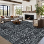 9x12 Area Rugs for Living Room Bedroom, Large Washable Rug, Black Vintage Floral Boho Rug, Non Slip & Low Pile Faux Wool Thin Carpet for Indoor Dining Room and Kids Room(Black 9x12ft)