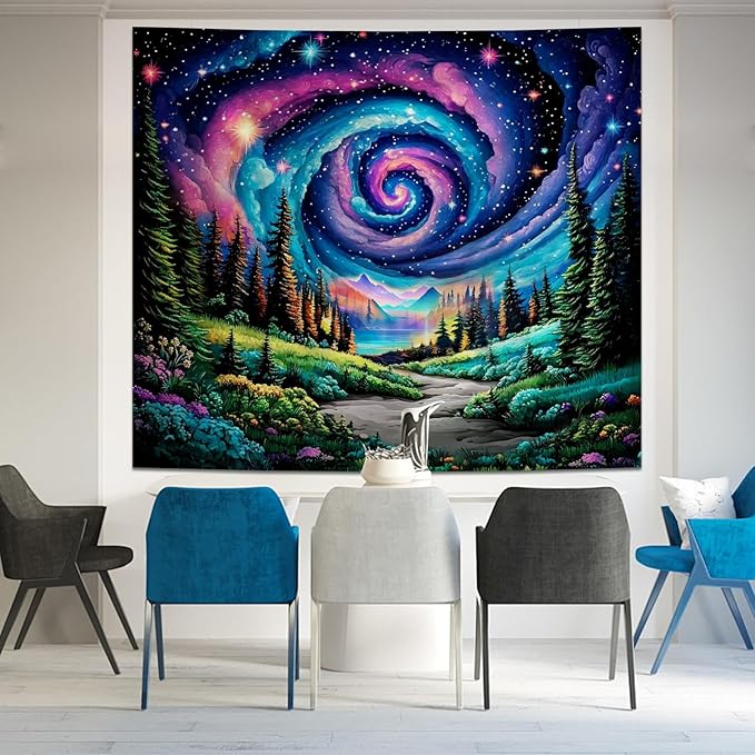 Apdidl Space Galaxy Forest Tapestry for Bedroom, Green Nature Landscape Colorful Night Starry Sky Stars Wall Tapestry, Mysterious Nebula Mountain Wall Hanging Backdrop Decor for Living Room 51" X 60"