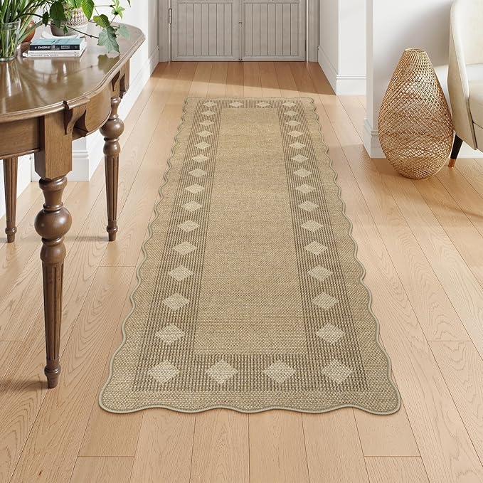 LIVEBOX Scalloped Easy Jute Diamond Rug for Kitchen, Washable 2x6 Runner Tan Rugs for Entryway, Geometric Checkered Indoor Outdoor Farmhouse Non Slip Rug Modern Carpet Door Mat for Porch Hallway