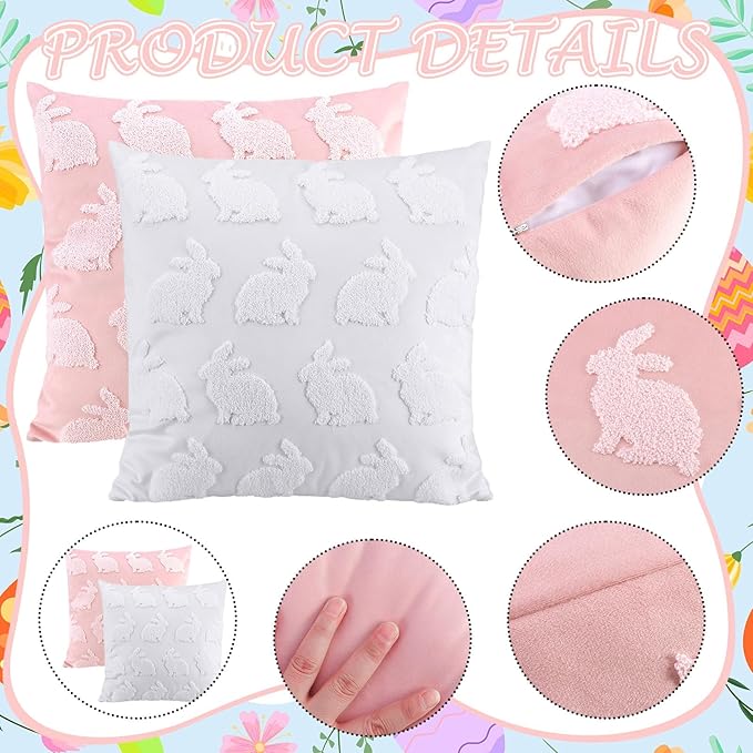 2 Pcs Tufted Easter Pillow Covers 18'' Pink White Rabbit Throw Pillow Cases 3D Soft Plush Faux Fur Wool Couch Cushion Case for Chair Sofa Bedroom Living Room Home Easter Decor