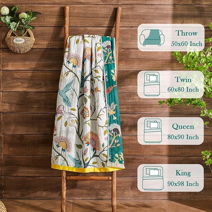 Boho Blanket Soft Muslin Boho Throw Blanket 100% Cotton Blanket All Seasons Reversible Rustic Floral Printed Vintage Rustic Farmhouse Decor Throw for Sofa Couch Chair (Beige, 80"x90")