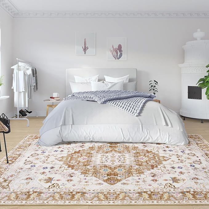 Amearea Vintage Design Area Rugs for Living Room, 5x8 Machine Washable Floral Collection Traditional Bedroom Rug, Low Pile Cute Kids Room Print Carpet, No Slip Office Kitchen Home Decor, Gold Yellow