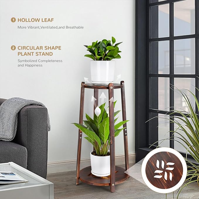 2 Tier Round Plants Stand Pedestal Indoor ,Wood Single Plant Shelf Corner,12 Inch Plant Pot Holder Rack ,Tall Flower Stands Shelves for Living Room Patio Balcony Outdoor,Rustic,Walnut