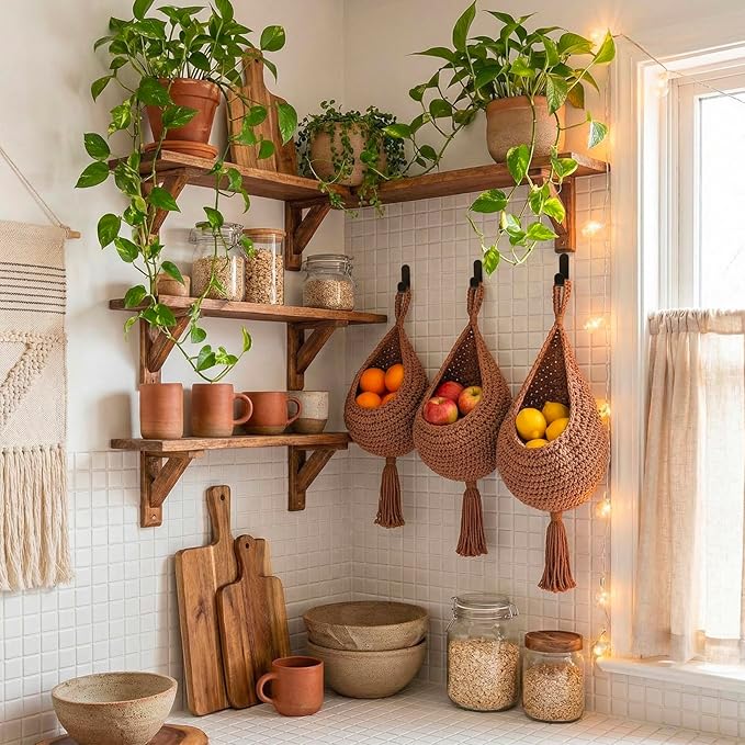 Honeydak Boho Decor Hanging Wall Baskets for Kitchen 3 Pack Teardrop Baskets with Hooks Storage Fruit Onion Vegetable Potato for Home 3 Sizes(White,Tassel,Cotton Rope)