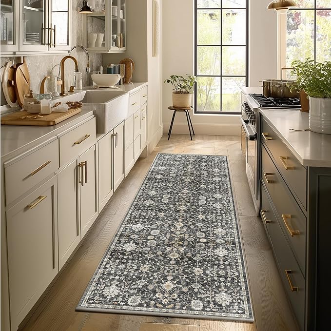 2'x6' Washable Runner Rug Utral Soft Lightweight Vintage Boho Distressed Non-Slip Backing,Low Pile Stain Resistant Farmhouse Rug for High-Traffic Hallway, Kitchen & Laundry