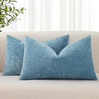decorUhome Chenille Grey Blue Spring Throw Pillow Covers 12x20 Inch Set of 2, Decorative Soft Couch Pillow Covers Solid Dyed Accent Farmhouse Neutral Rectangle Pillow Cases for Sofa