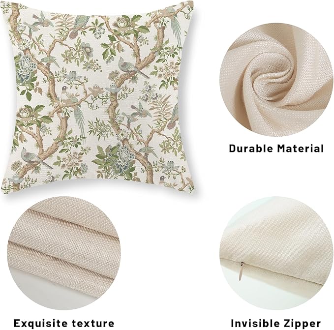 Green Floral Bird Pillow Covers 18x18 Set of 2 Chinoiserie Throw Pillows Green Vintage Flowers Bird Decorative Pillow Cases Outdoor Chinoiserie Decor Farmhouse Cushion Case for Couch Sofa