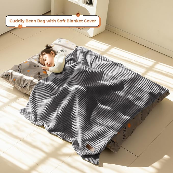 MAXYOYO 3 in 1 Kids Bean Bag Chair Bed, Convertible Chair Folds from Bean Bag to Lounger, Child Floor Sofa for Gaming, Reading, Floor Mattress with High-Density Foam Filling
