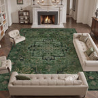 Green Large Area Rugs 10x12, Living Room Bedroom Carpet Extra Large Size Washable Non Slip, Vintage Distressed Medallio Low Pile Thin Rug for Big Dining Room