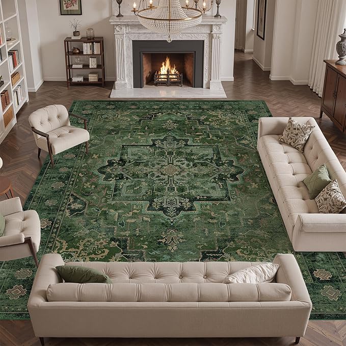 Extra Large Area Rugs 10x14 for Living Room, Dark Green Farmhouse Distressed Printed Carpet Rugs for Bedroom Low Pile Thin, Non Slip Washable Neutral Boho Rug for Dining Room