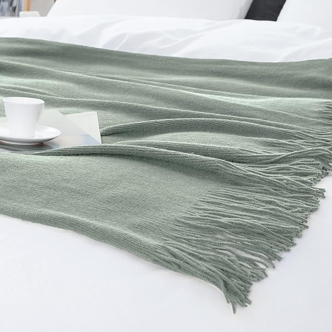 Vonty Sage Green Knitted Blanket with Tassels Fringe 50" x 60", Super Soft Knit Throw Blanket, Farmhouse Decorative Lightweight Blanket for Couch, Sofa, Bed